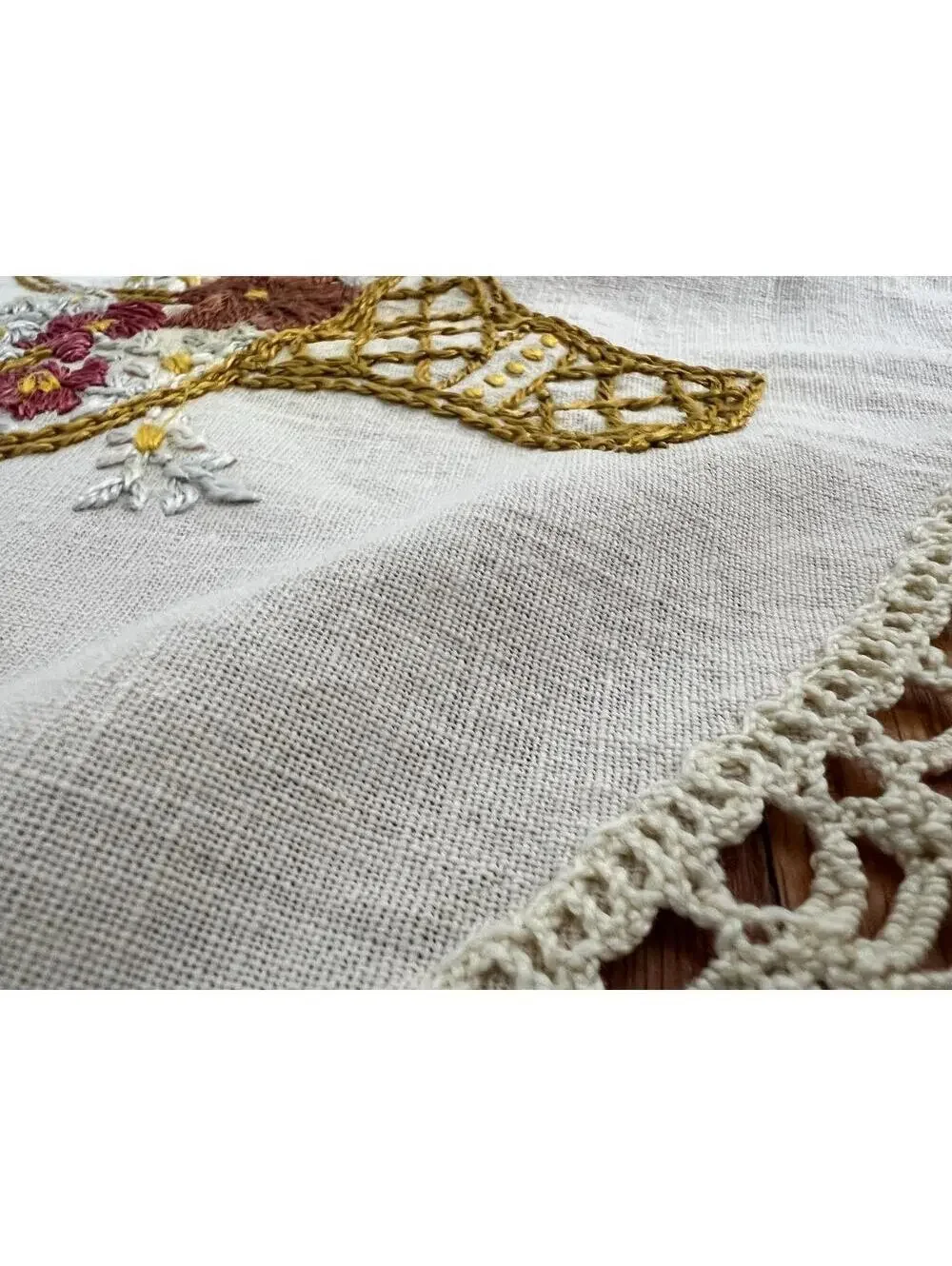 Vintage Embroidered Linen Doily | Floral Crochet Lace Table Topper